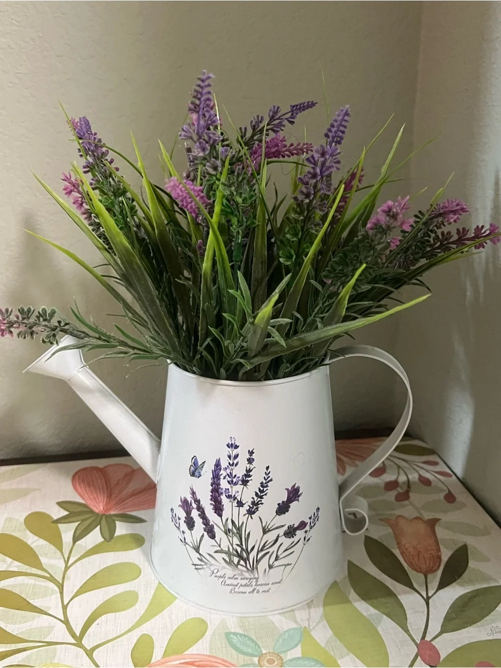 White Lavender Watering Can Vase with Purple Floral Spray - Home Accents#YC